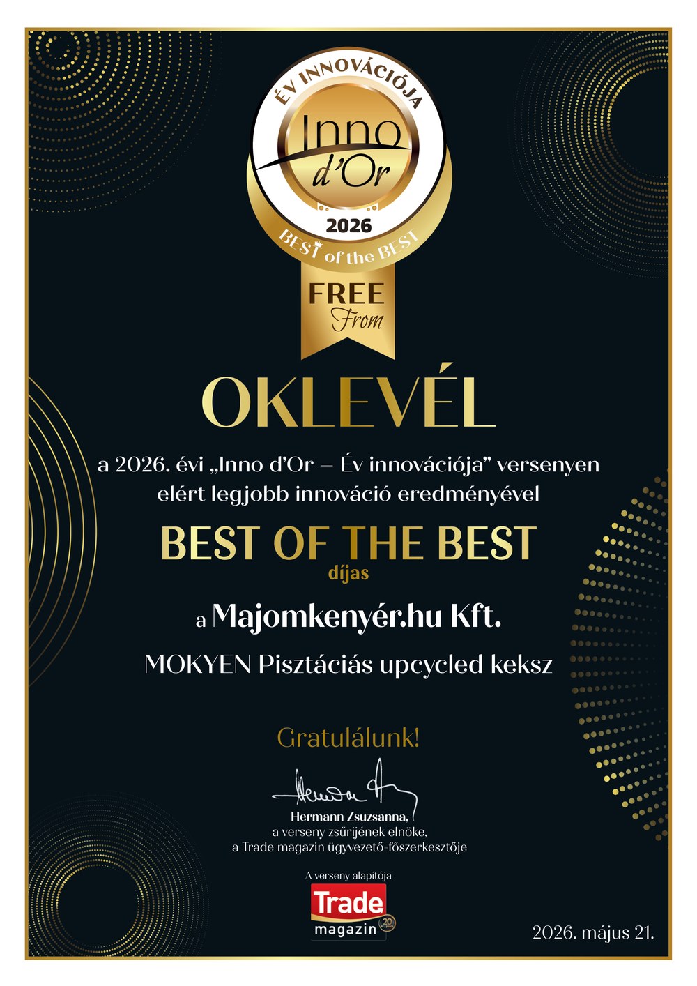 Inno d'Or 2026 – Best of the Best oklevél, MOKYEN Pisztáciás upcycled keksz