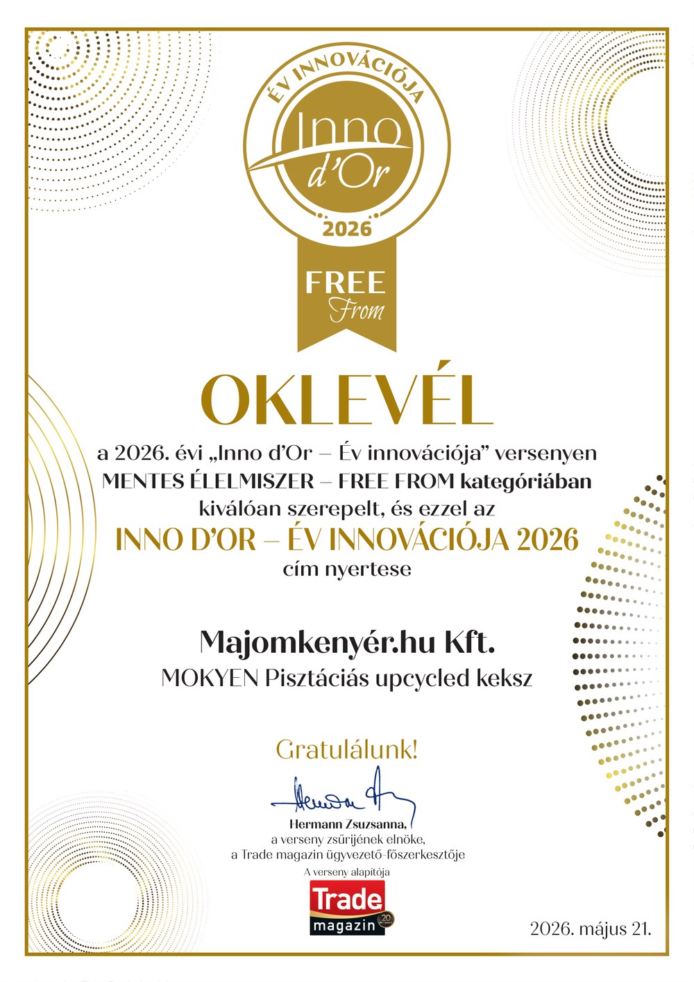 Inno d'Or – Év innovációja 2026, Free From kategória oklevél