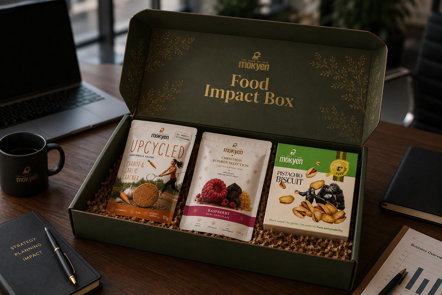 Nyitott Food Impact Box három upcycled termékkel